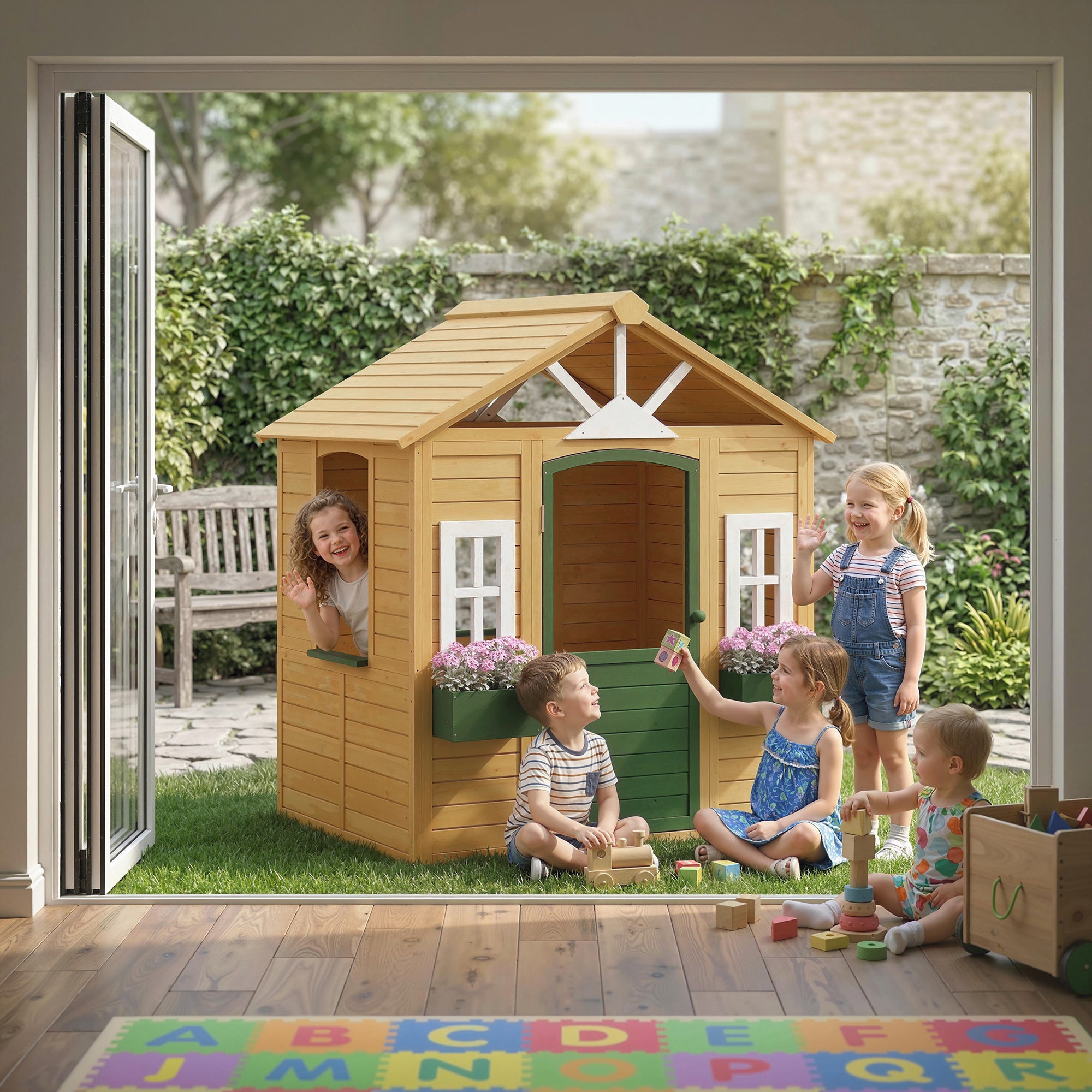 AIYAPLAY Children's Garden Playhouse Made of Fir Wood with Windows, 2 Planters, Door and Roof, Ages 3-8, Brown