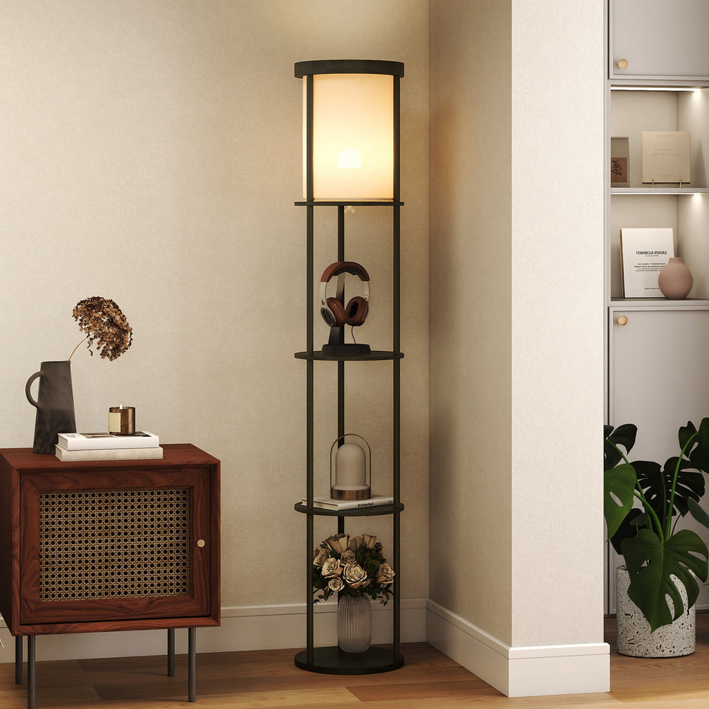 HOMCOM LED Floor Lamp with Round Shelves, Fabric Shade, Foot Switch and Remote Control, Black