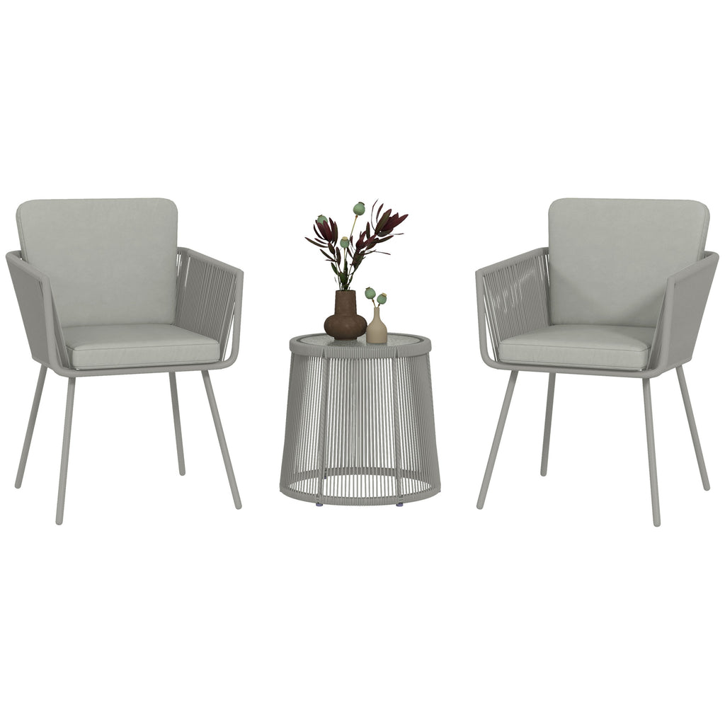 Outdoor Set with Glass Coffee Table and 2 Rattan Garden Chairs Boho Style, Light Grey
