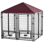 Lockable Outdoor Dog Playpen with 2 Rotating Bowls and Removable Cover, Black and Red