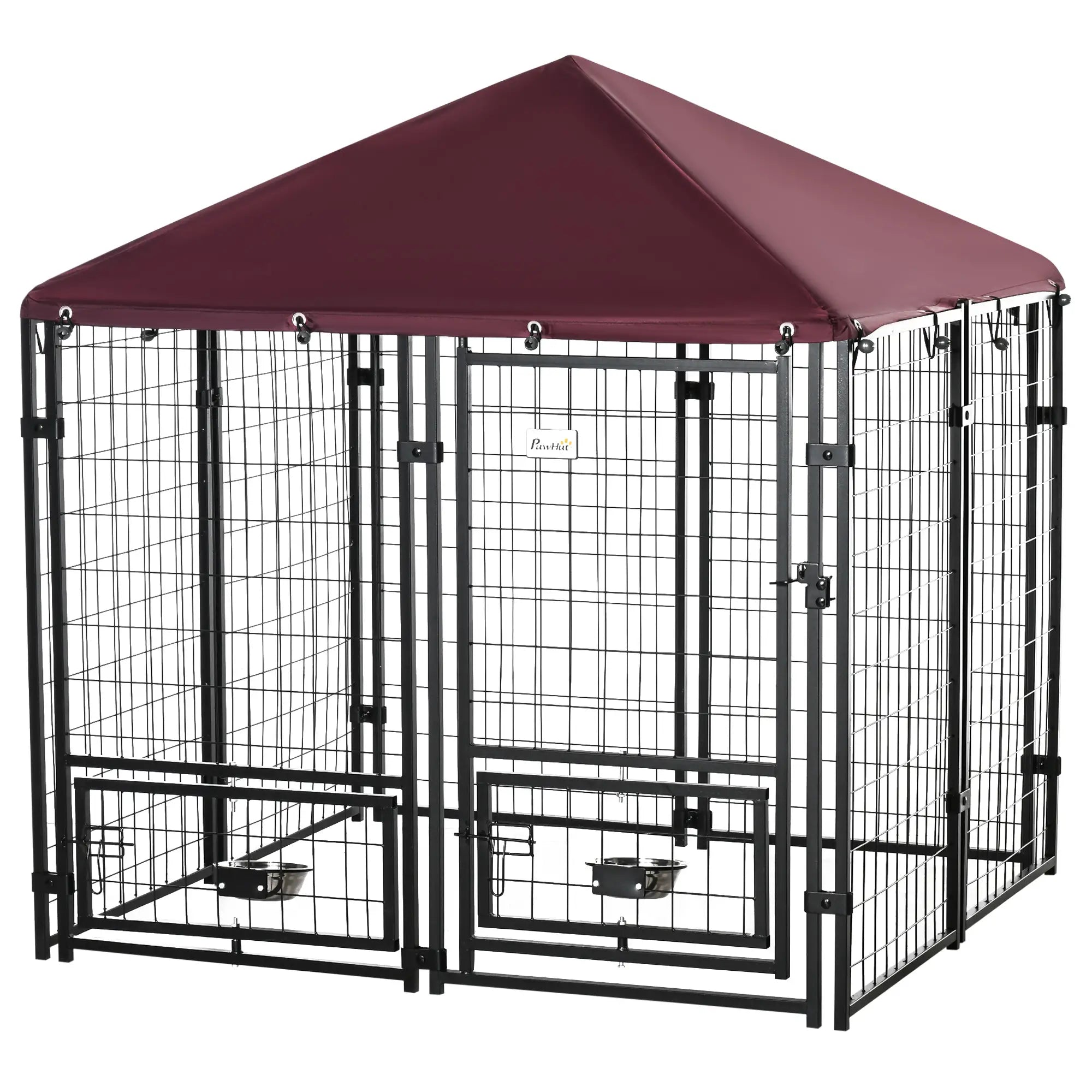 Lockable Outdoor Dog Playpen with 2 Rotating Bowls and Removable Cover, Black and Red