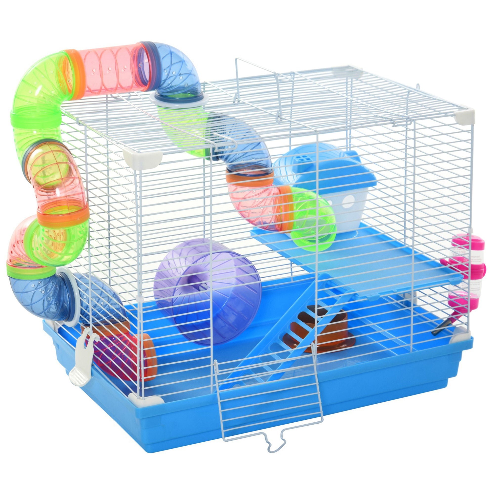 2-Tier Hamster Cage with Water Tank, Tray, Tube and Hamster Wheel, 46x30x37 cm