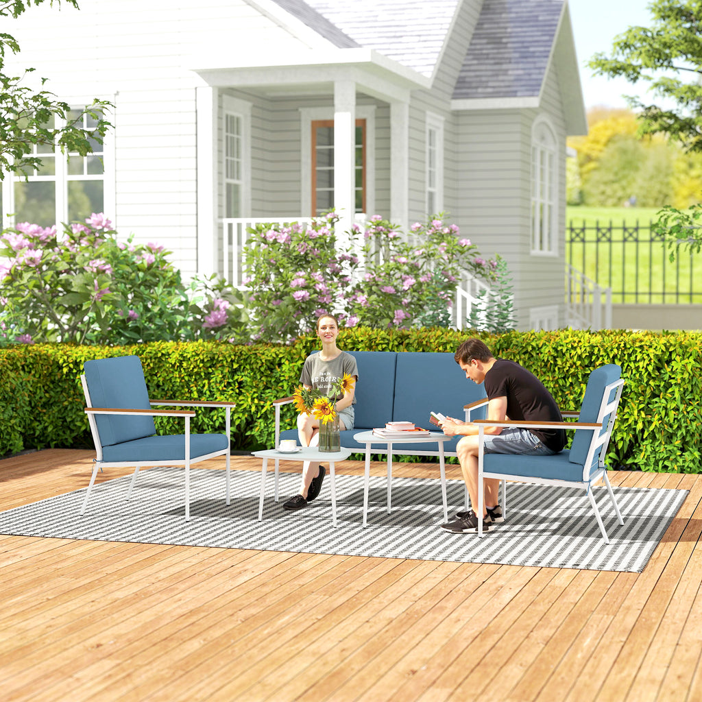 Outdoor Set with 2-Seater Sofa, 2 Armchairs and 2 Glass Coffee Tables, Light Blue