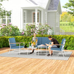 Outdoor Set with 2-Seater Sofa, 2 Armchairs and 2 Glass Coffee Tables, Light Blue