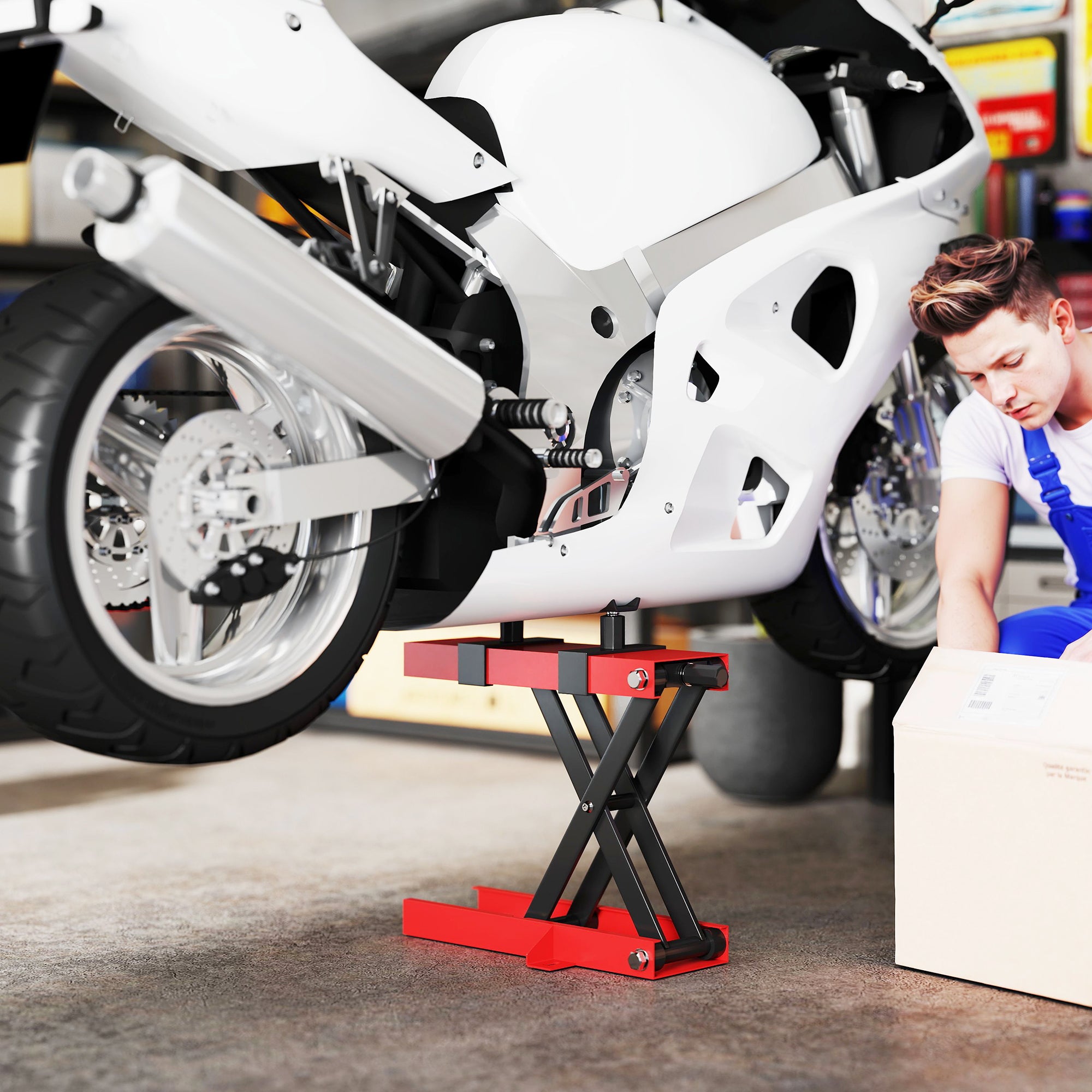 Steel Motorcycle Lift Stand Capacity 500kg, Foldable with Adjustable Height and Crank, Red