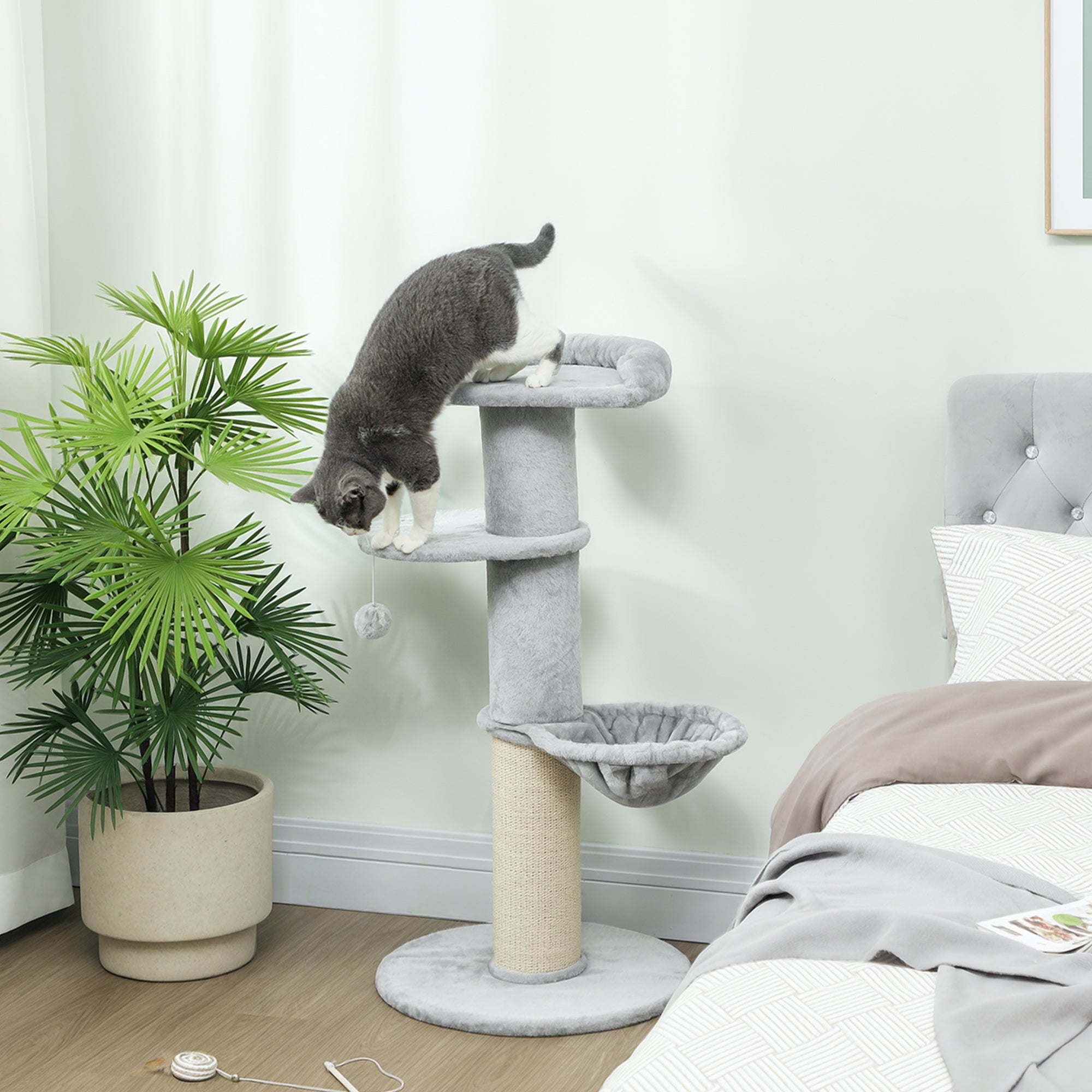 103.5cm Cat Tree with Cat Bed and Hammock, Plush Lining, Light Grey