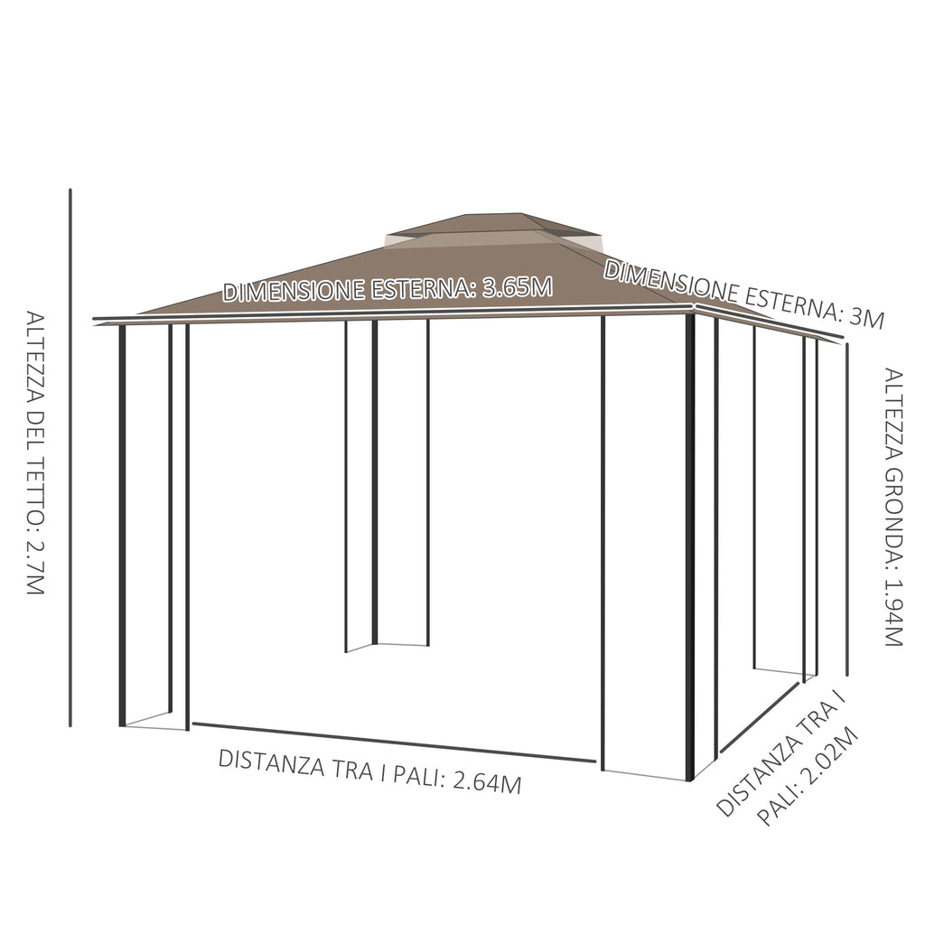 Garden Gazebo with Mosquito Net, Double Roof and Metal Frame, 3.7x3m Brown and Beige