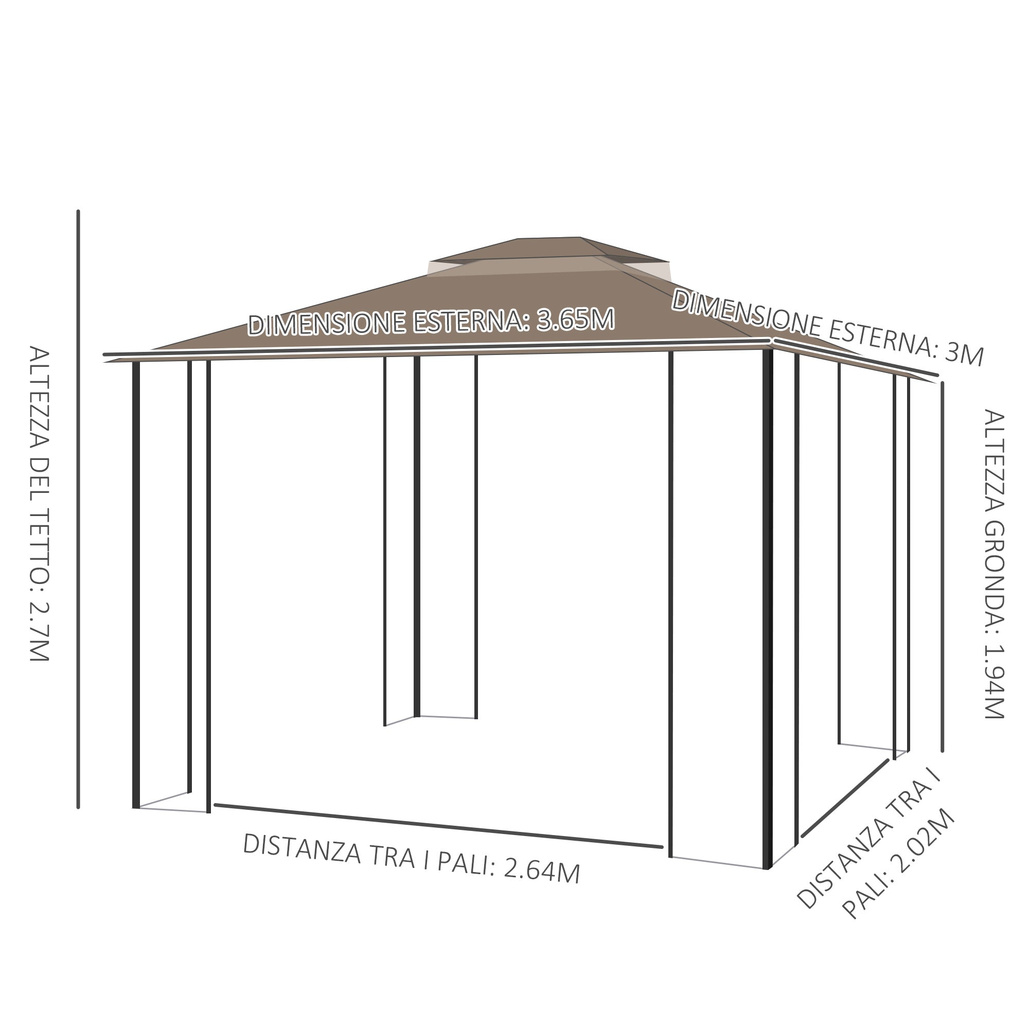 Garden Gazebo with Mosquito Net, Double Roof and Metal Frame, 3.7x3m Brown and Beige