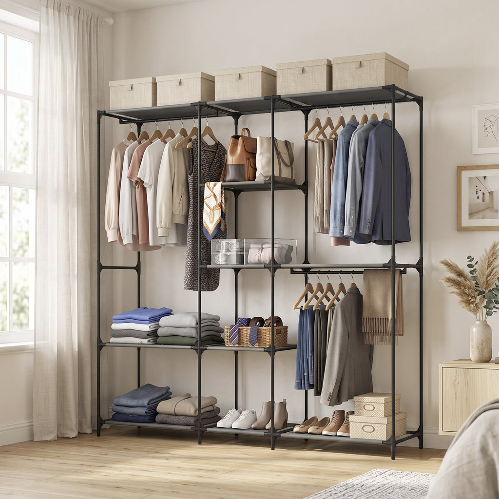 HOMCOM Space-Saving Open Wardrobe with 3 Hanging Rails, 5 Shelves, Steel Frame, 182x43x182 cm, Black