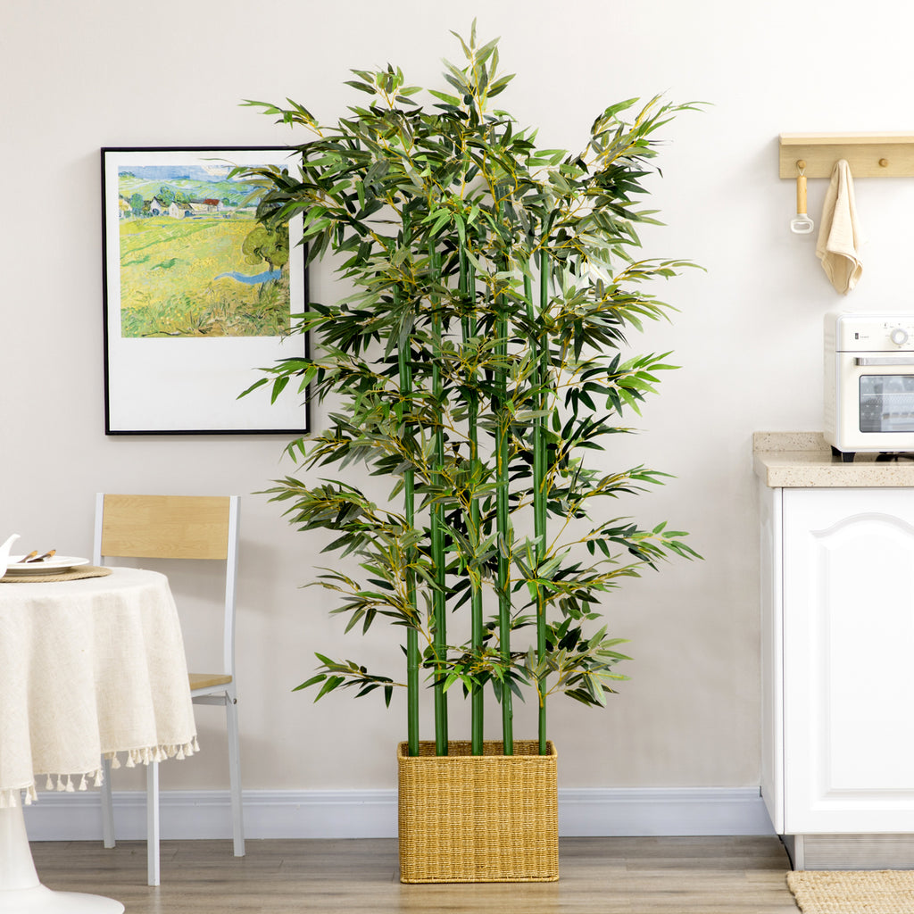 180cm Tall Artificial Bamboo Plant with 1640 Leaves and Pine Wood Base 35x10x10cm, Green