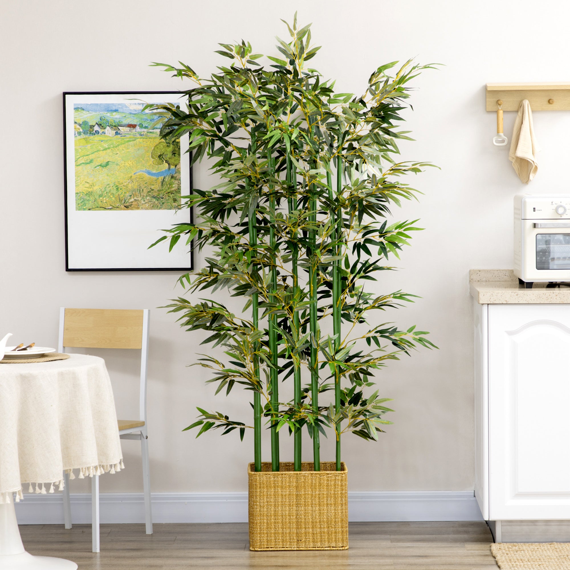 180cm Tall Artificial Bamboo Plant with 1640 Leaves and Pine Wood Base 35x10x10cm, Green
