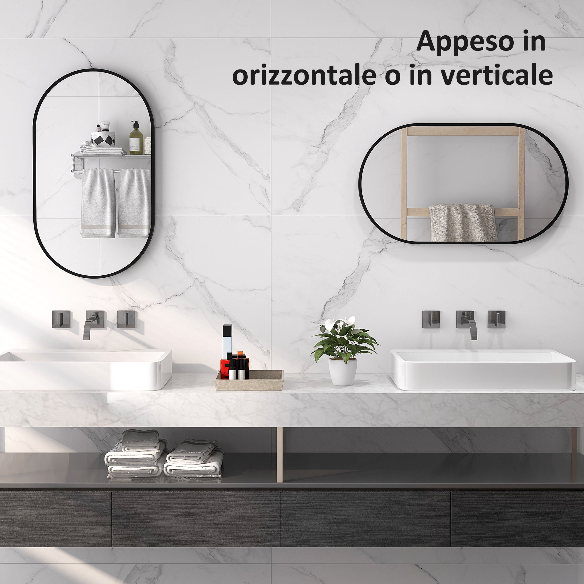 Oval Wall Mounted Bathroom Mirror with Aluminum Frame, Vertical or Horizontal, 60x90cm, Black