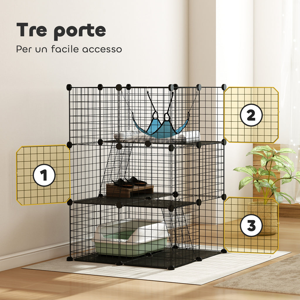 PawHut Cat Cage, Customizable 3-Tier Enclosure, 105cm, Black