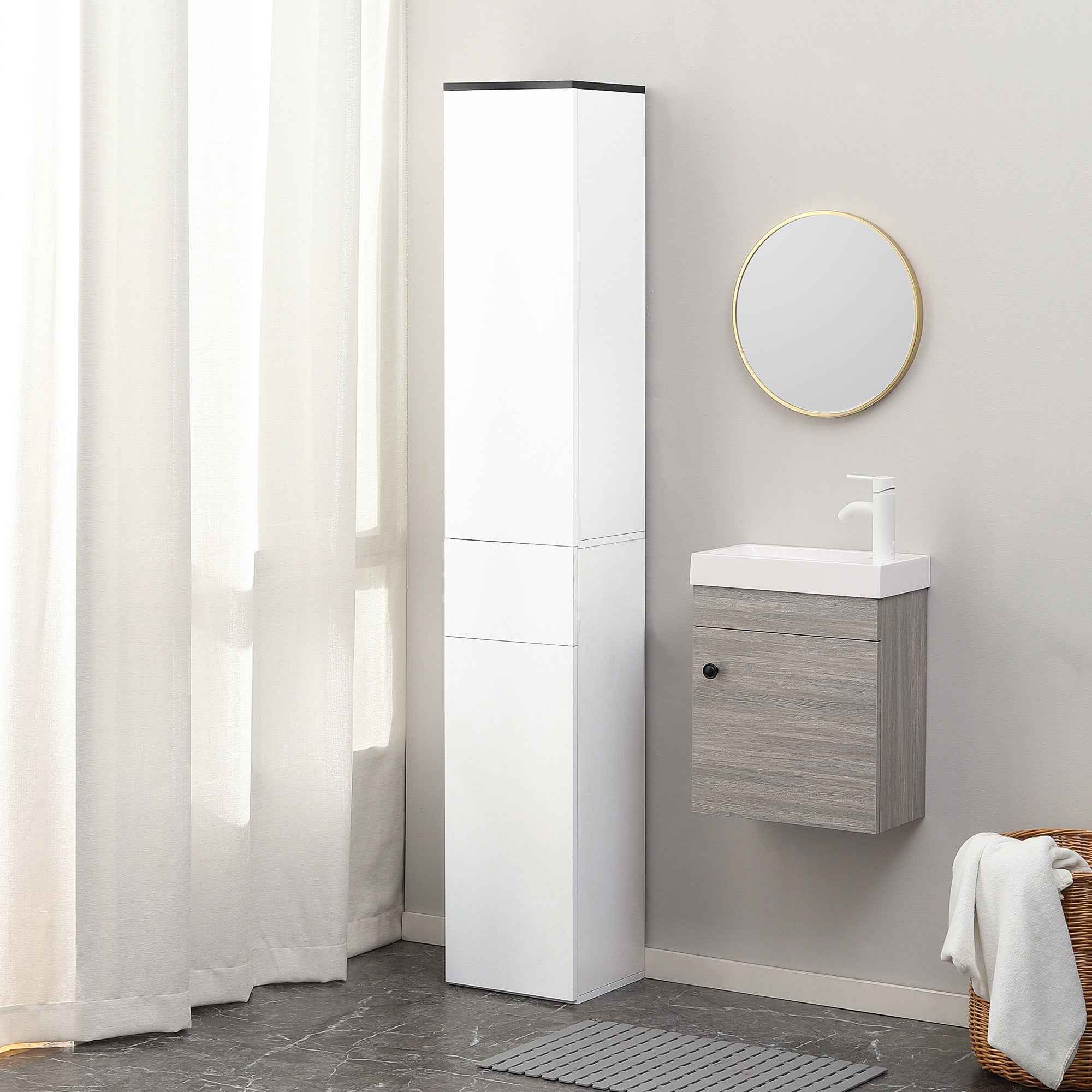 kleankin Bathroom Cabinet with Adjustable Shelf, 2 Closed Shelves and a Wooden Drawer, 30x28x180 cm, White