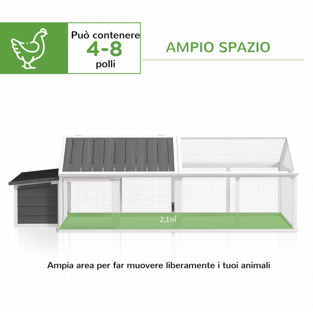 PawHut Wooden Chicken Coop for 4-8 Chickens with Wire Mesh and Opening Roof, 240x112.5x76 cm, White