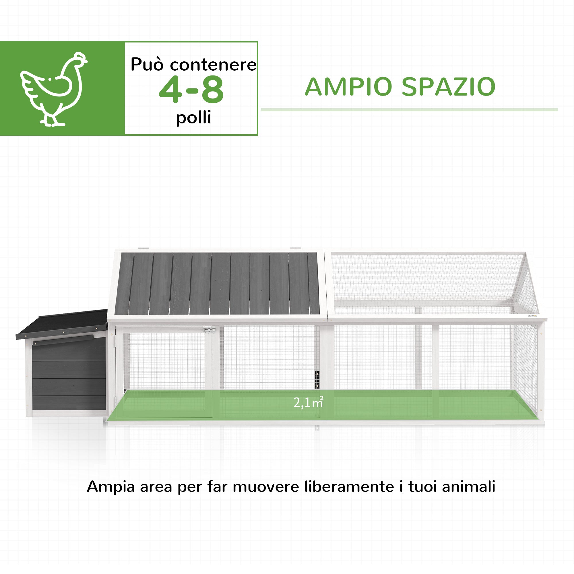 PawHut Wooden Chicken Coop for 4-8 Chickens with Wire Mesh and Opening Roof, 240x112.5x76 cm, White