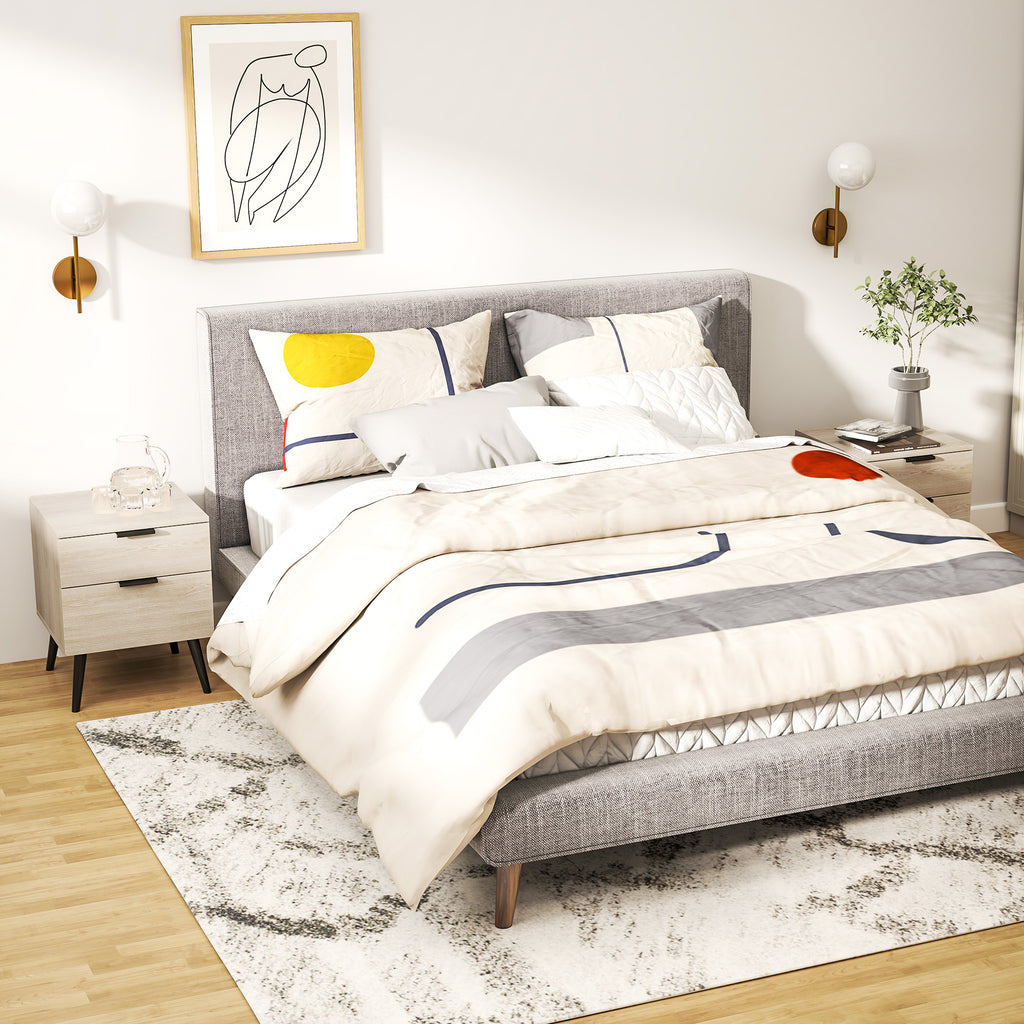 Set of 2 Nordic Style Bedside Tables with Drawer and Raised Base, Wooden, 40x40x50 cm, Oak Color