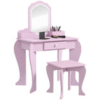 Girls' Dressing Table Set with Makeup Mirror and Matching Wooden Stool, Drawer and Storage, Pink