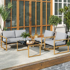 4 Piece Garden Set with 2 Armchairs, Sofa and Coffee Table, in Aluminum and Fiber, Gray and Wood Color