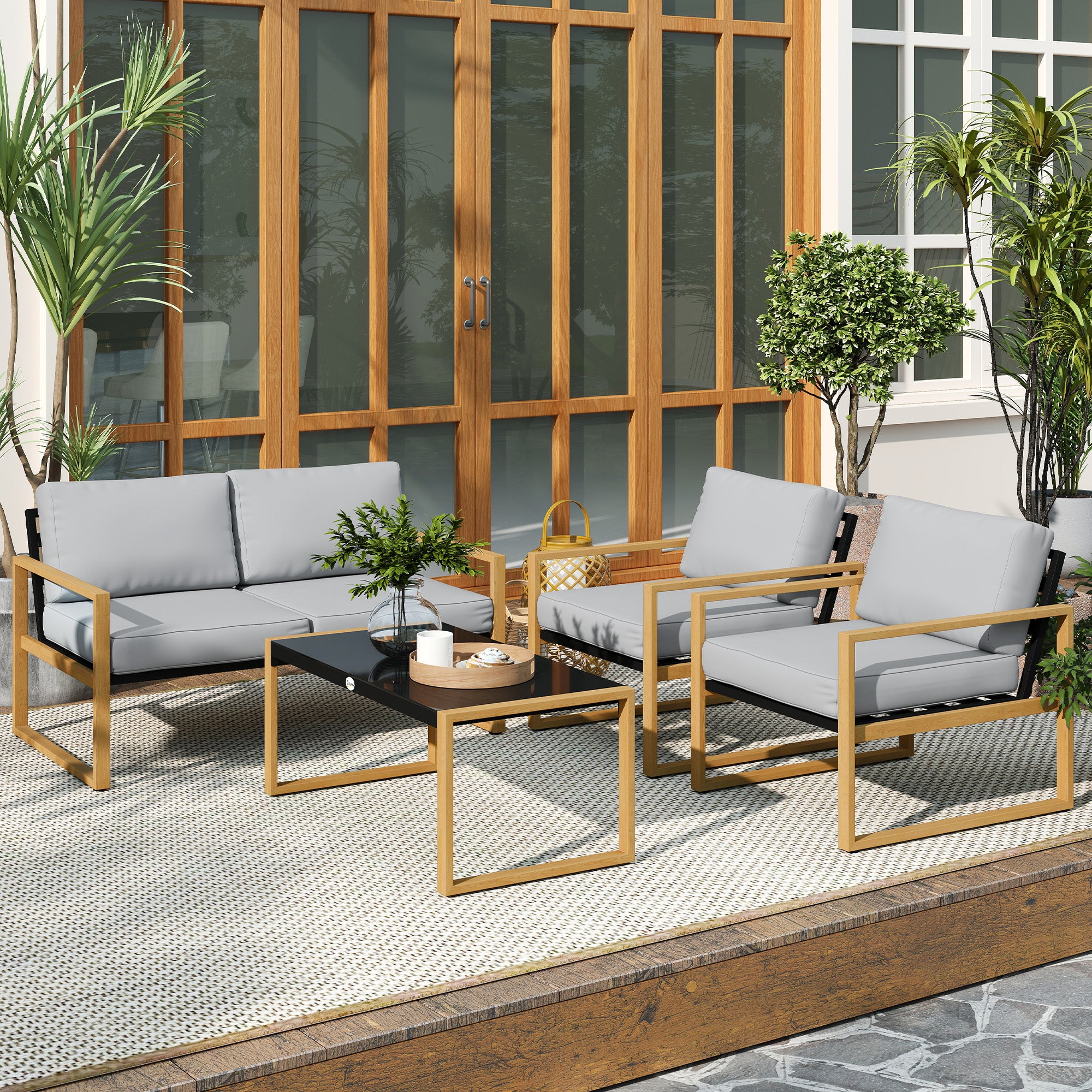 4 Piece Garden Set with 2 Armchairs, Sofa and Coffee Table, in Aluminum and Fiber, Gray and Wood Color