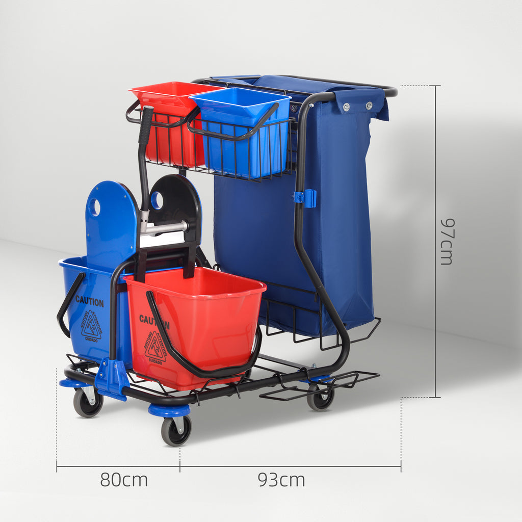 Cleaning Trolley with Garbage Bag, 4 Buckets and Mop Wringer, 93x80x97 cm, Red Blue and Black