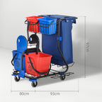 Cleaning Trolley with Garbage Bag, 4 Buckets and Mop Wringer, 93x80x97 cm, Red Blue and Black