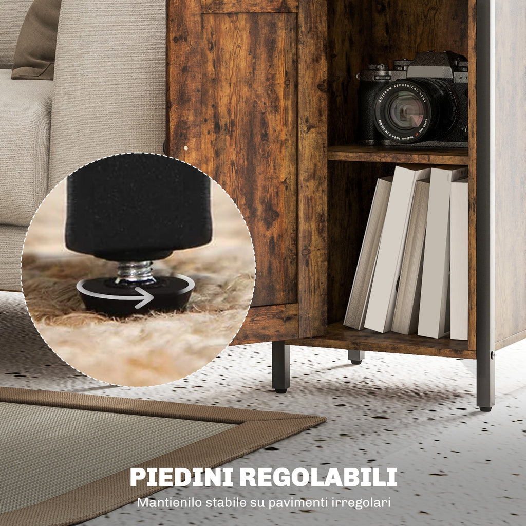 Industrial Bedside Table with 2 Shelves and Adjustable Internal Shelf, in Wood and Steel, 34x30x80 cm, Brown