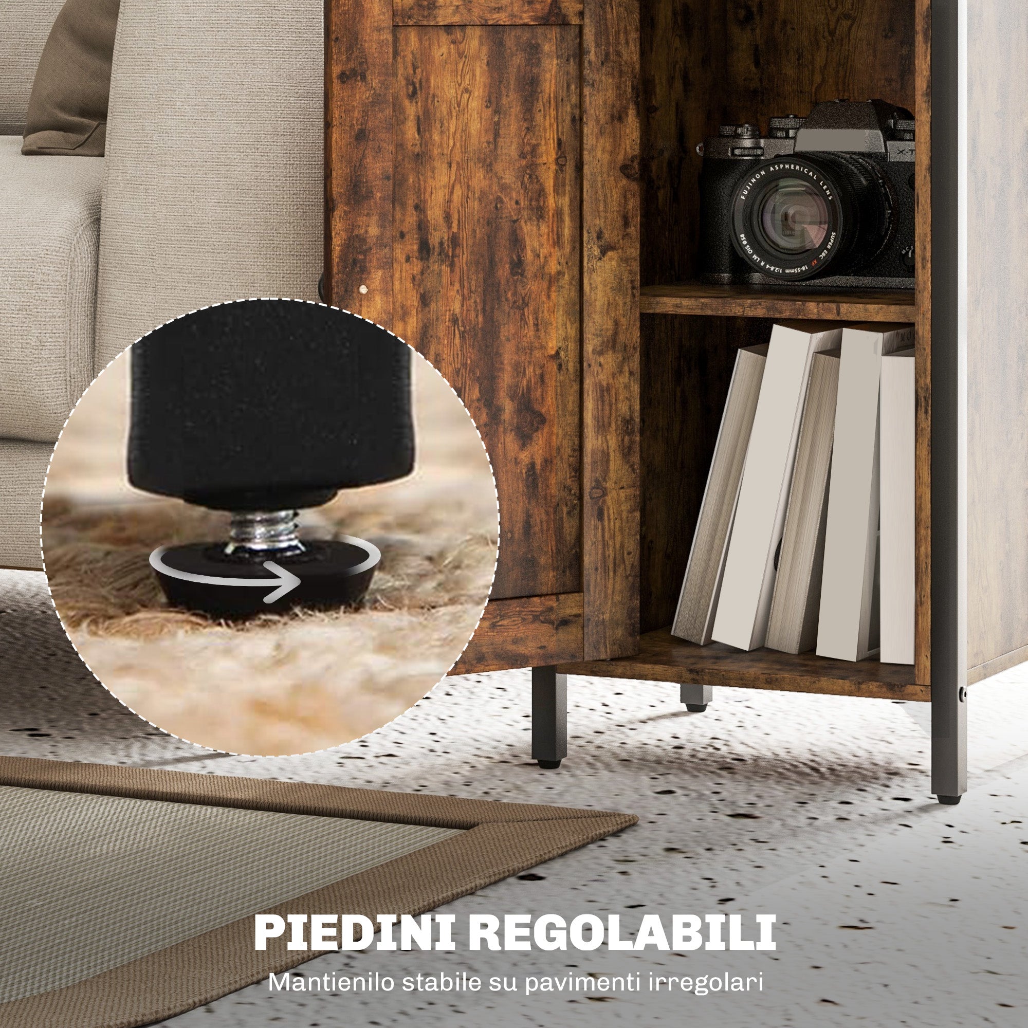 Industrial Bedside Table with 2 Shelves and Adjustable Internal Shelf, in Wood and Steel, 34x30x80 cm, Brown