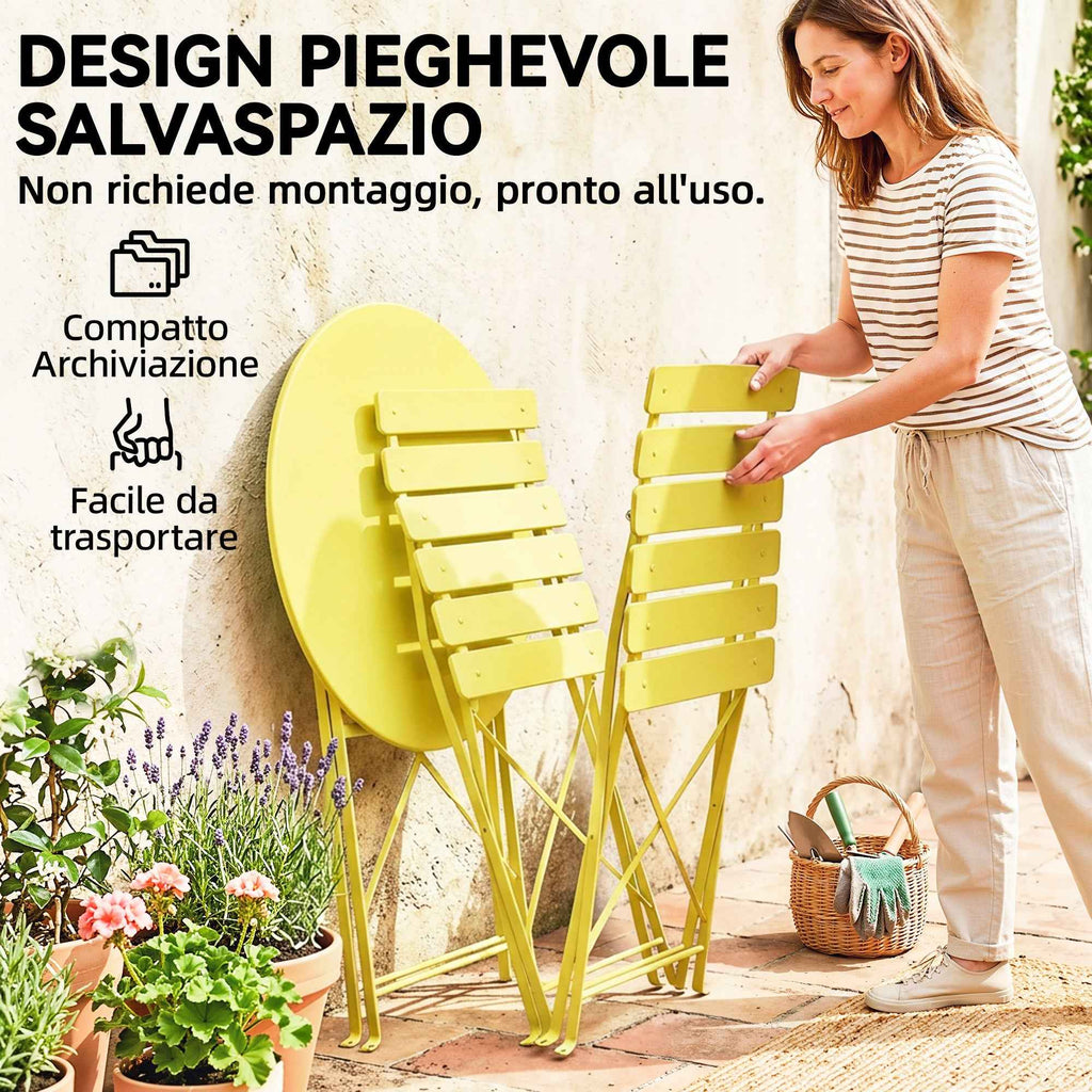 Outsunny Bistro Set, Folding Table and Chairs for 2, Garden, Yellow.