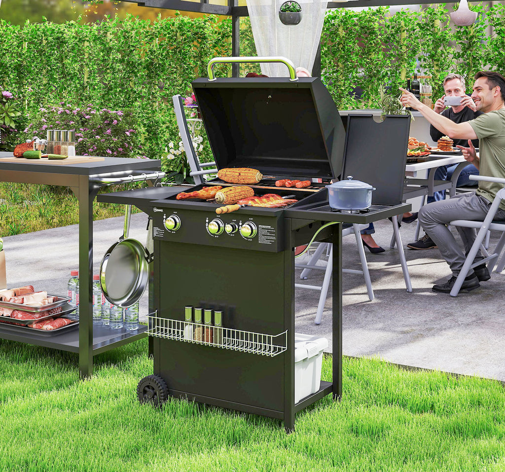 Gas Barbecue with Independent Burners, Lid with Thermometer and Side Table, Black