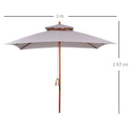 Garden Umbrella 3x3m with 8 Bamboo Ribs and 2-Tier Parasol Cover, Gray