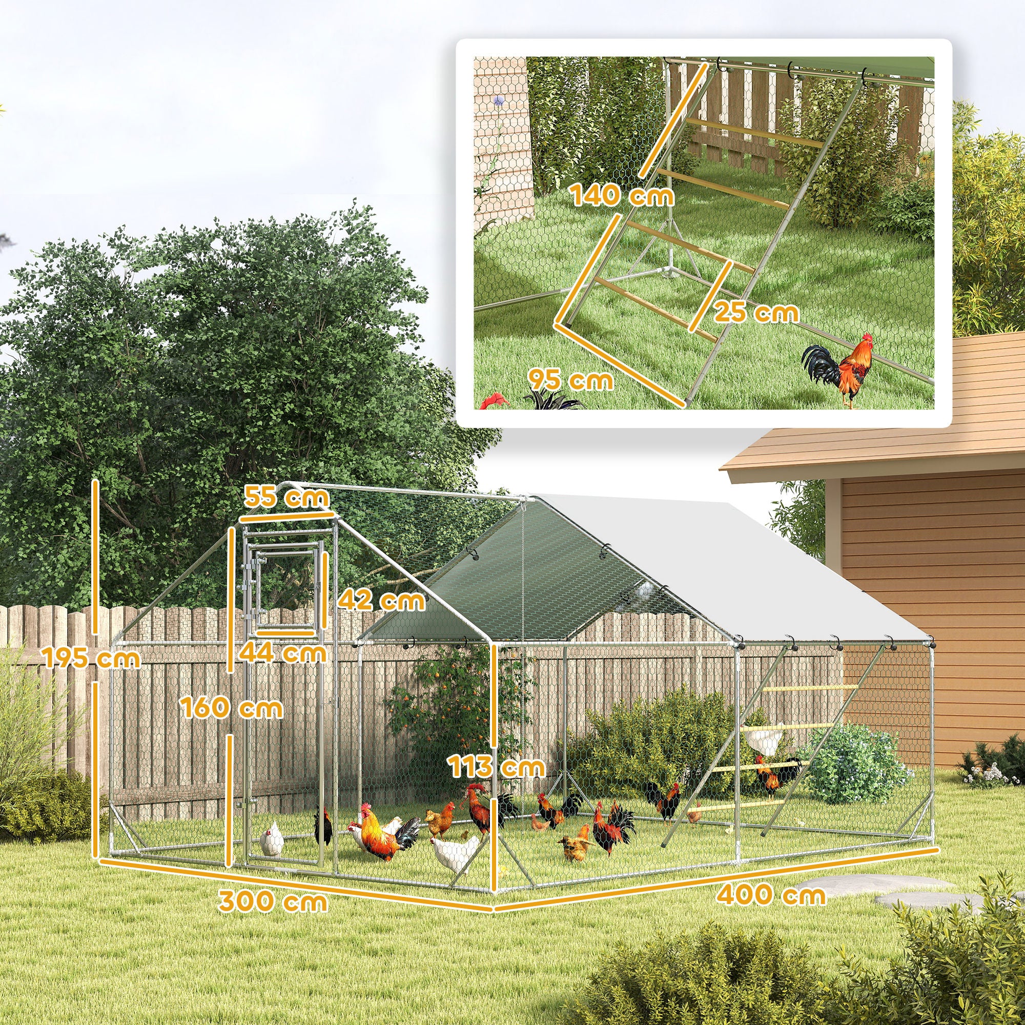 12m² Chicken Run for 12-18 Animals with Waterproof Roof, Feeder and Perch, 3x4x1.9m, Silver