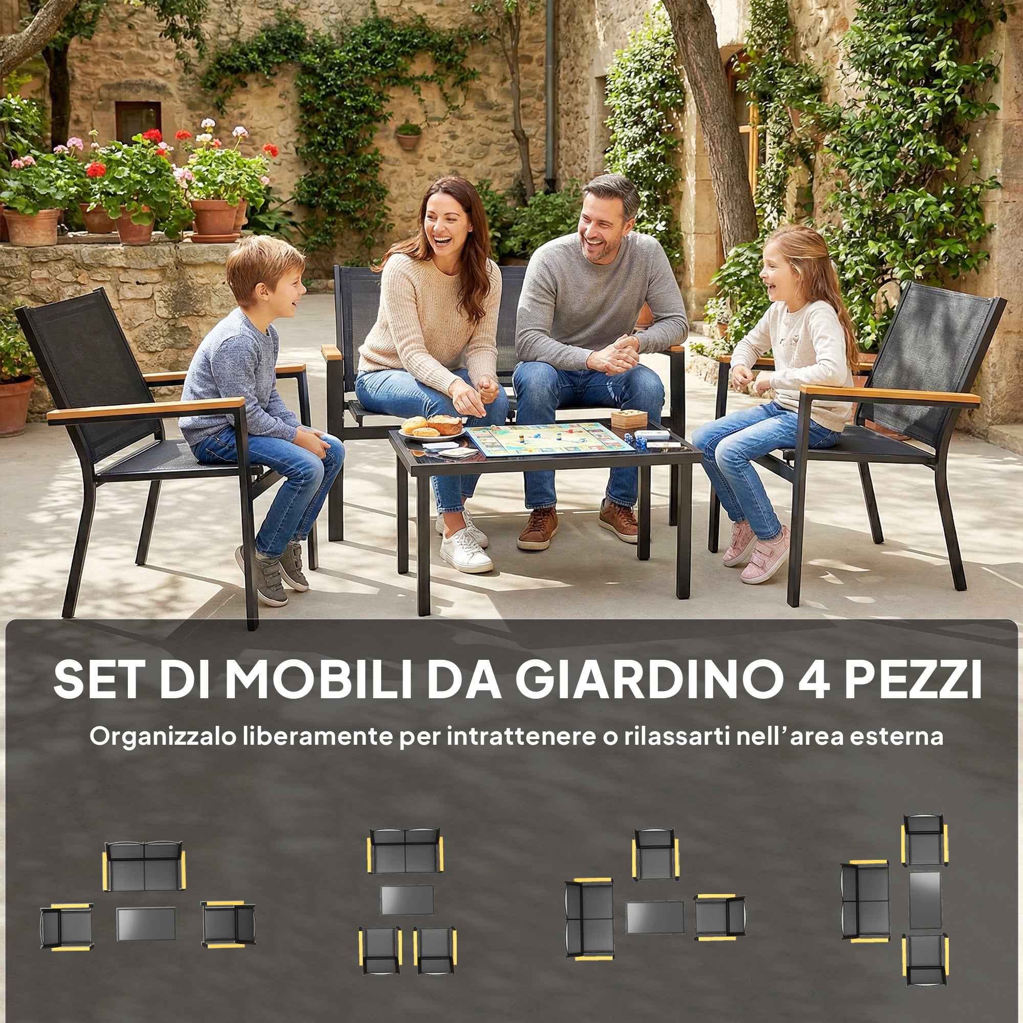 Outsunny 4-Piece Garden Furniture Set with Tempered Glass Coffee Table and 3 Teslin Fabric Seats, Black