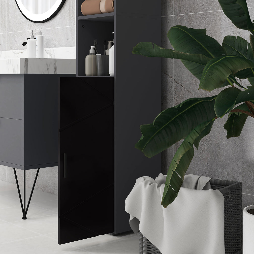 kleankin Bathroom Column in Chipboard with 2 Open Shelves and 2 2-Tier Cabinets, 30x30x183 cm, Black and Gray - Borgè