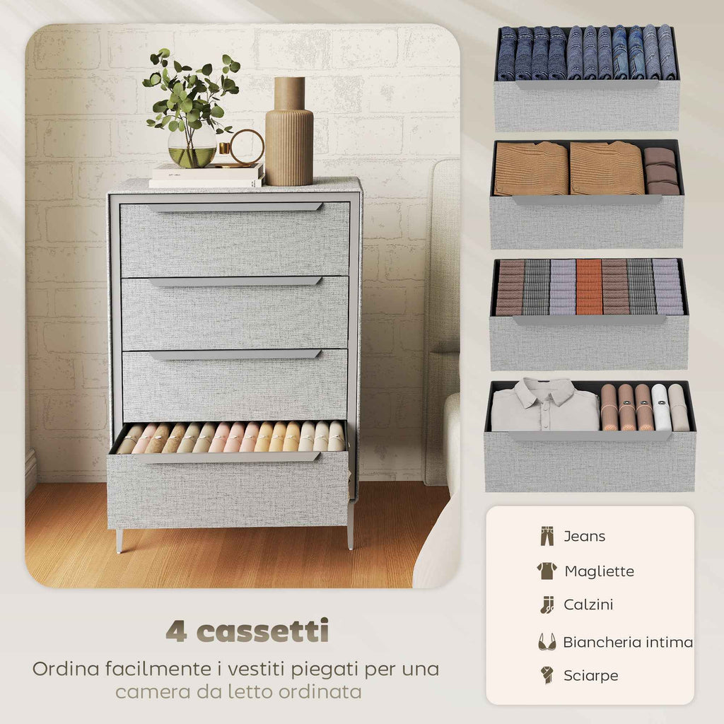 HOMCOM 4-Drawer Steel Chest of Drawers with Linen-Effect Fabric Covering, 60x36x88 cm, Grey