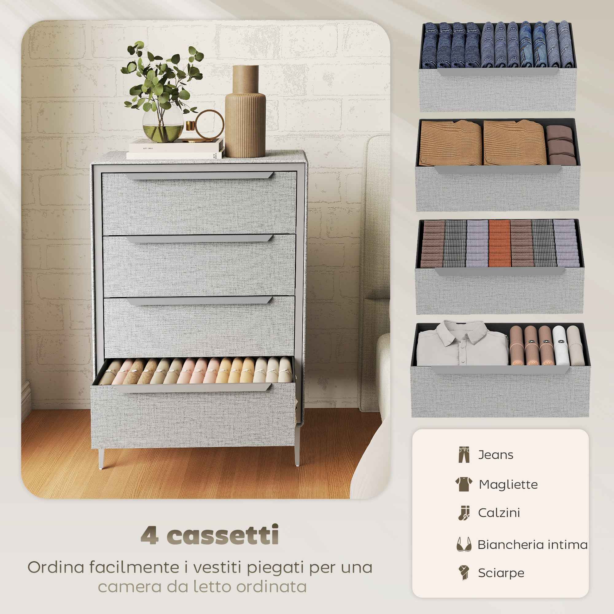 HOMCOM 4-Drawer Steel Chest of Drawers with Linen-Effect Fabric Covering, 60x36x88 cm, Grey