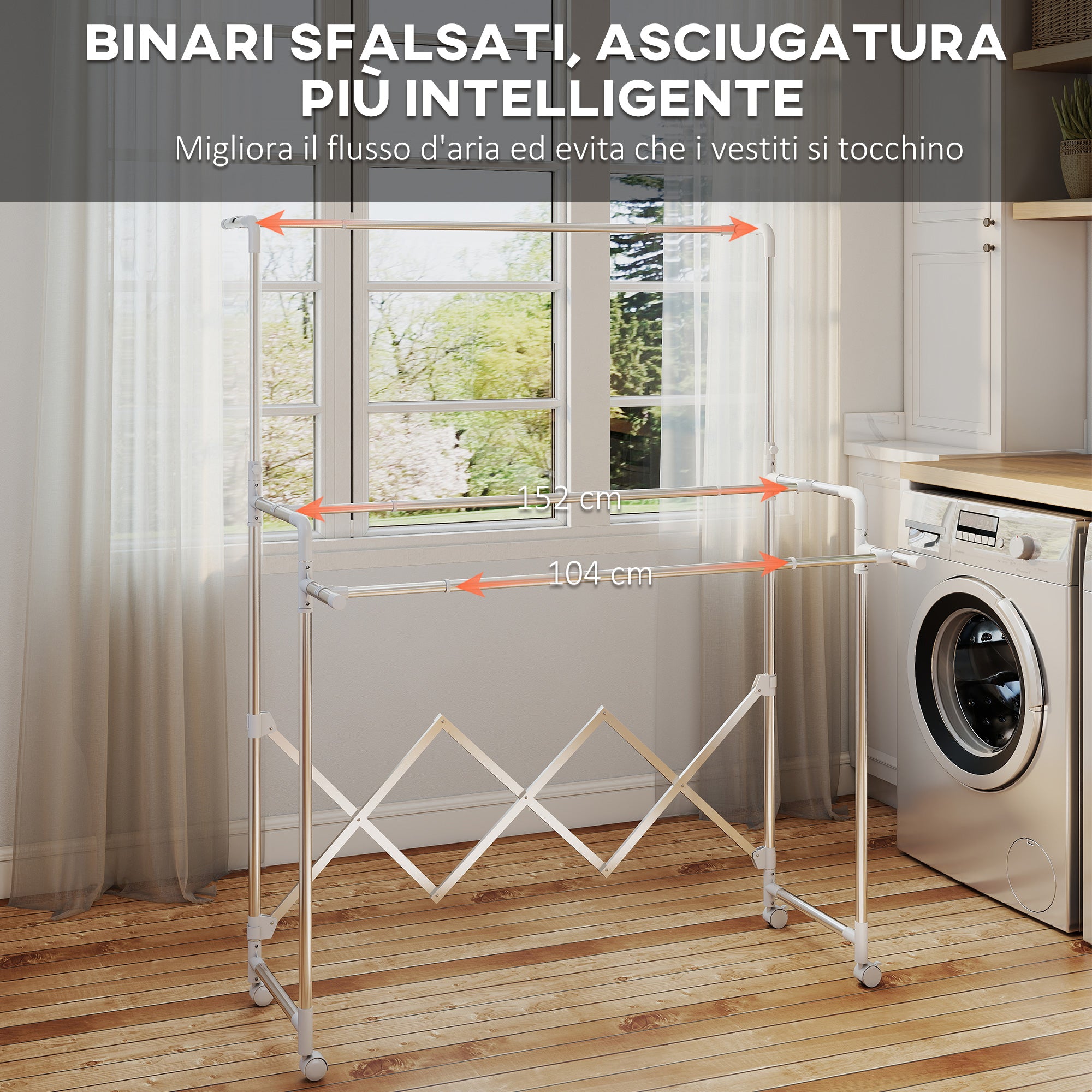 Folding Clothes Airer with 3 Adjustable Bars, Swivel Wheels and Stainless Steel Frame, Silver