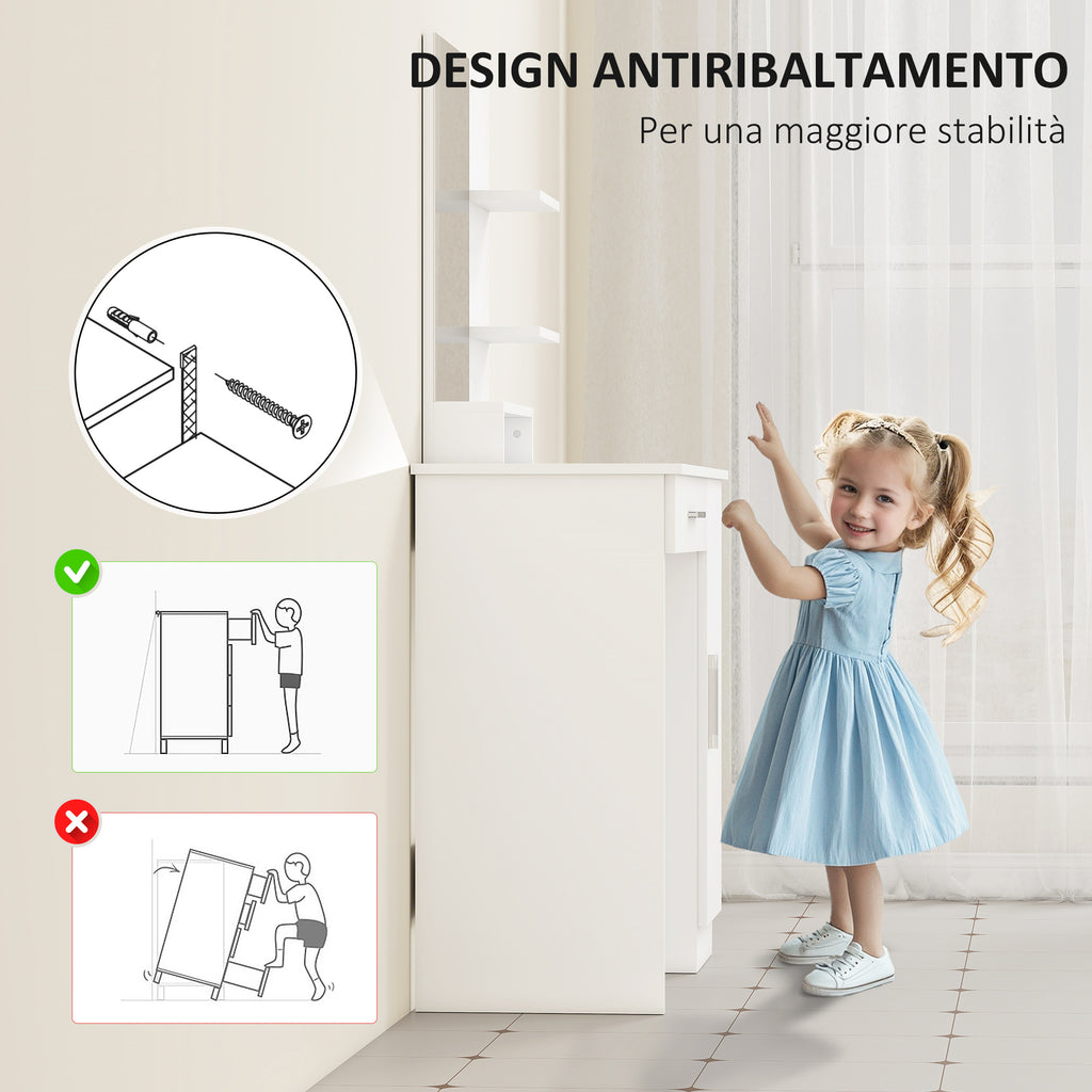 Dressing Table with Cabinet, Drawer, Makeup Mirror and Open Shelves, 90x38x138 cm, White