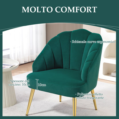 Art Deco Style Shell Armchair for Living Room and Bedroom, in Velvet Fabric and Steel, 63x65x84 cm, Green