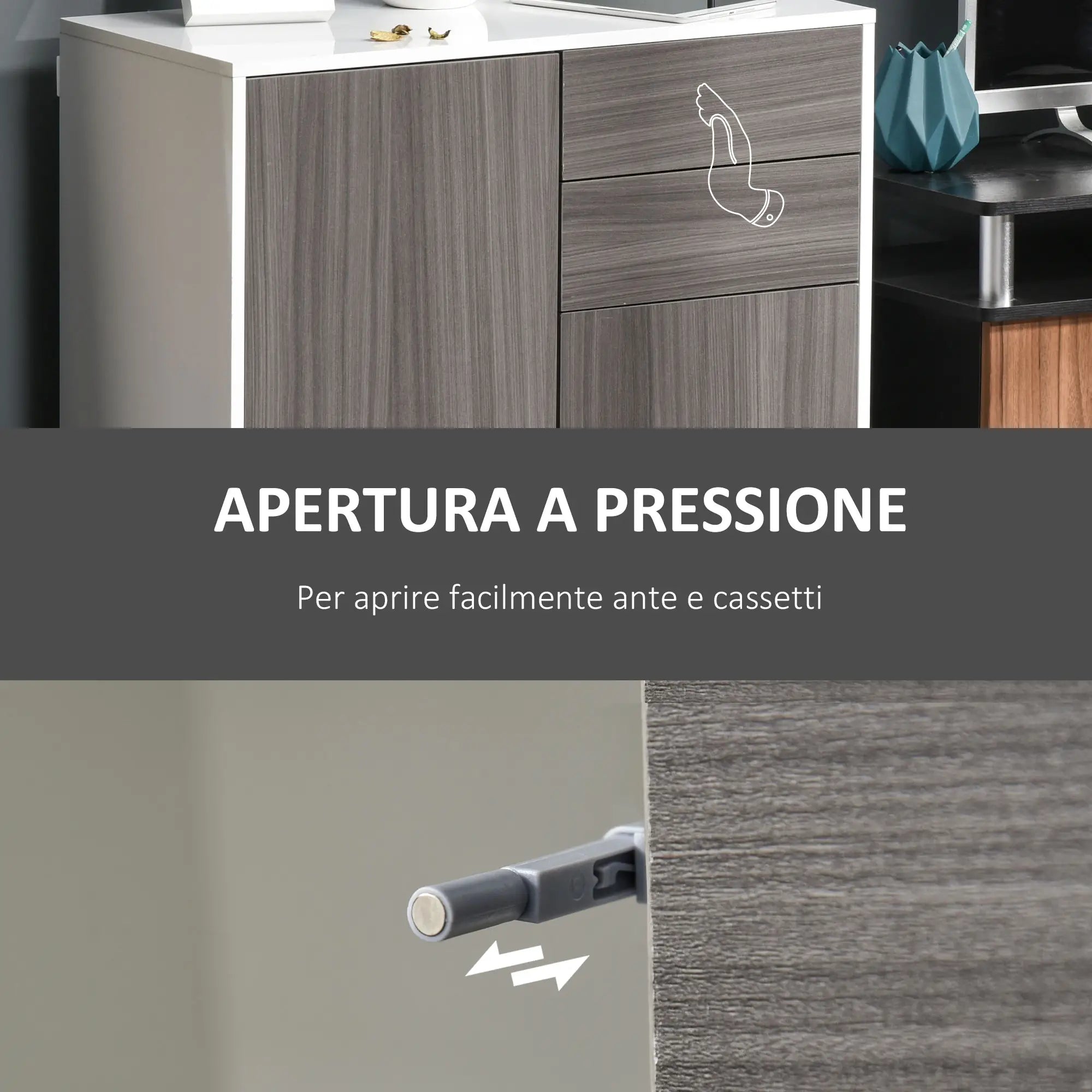 2-Drawer, 2-Door Cabinet, Push-Open, 2-Drawer, 2-Door Storage Unit for Home and Office, 79x36x74cm, Light Grey and White