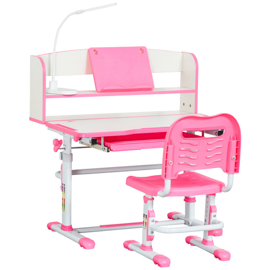 HOMCOM School Desk for Children 6-12 Years Adjustable with LED Light, Lectern and Pen Holder, MDF, PP and Steel, Pink