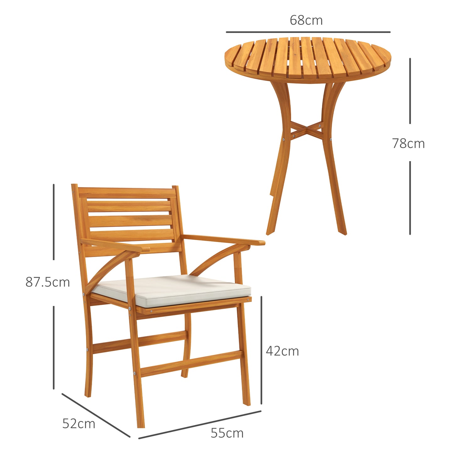 Outsunny 3-piece garden set in pine wood with round table Ø68x78 cm and 2 chairs 55x52x87.5 cm with cushions - Borgè