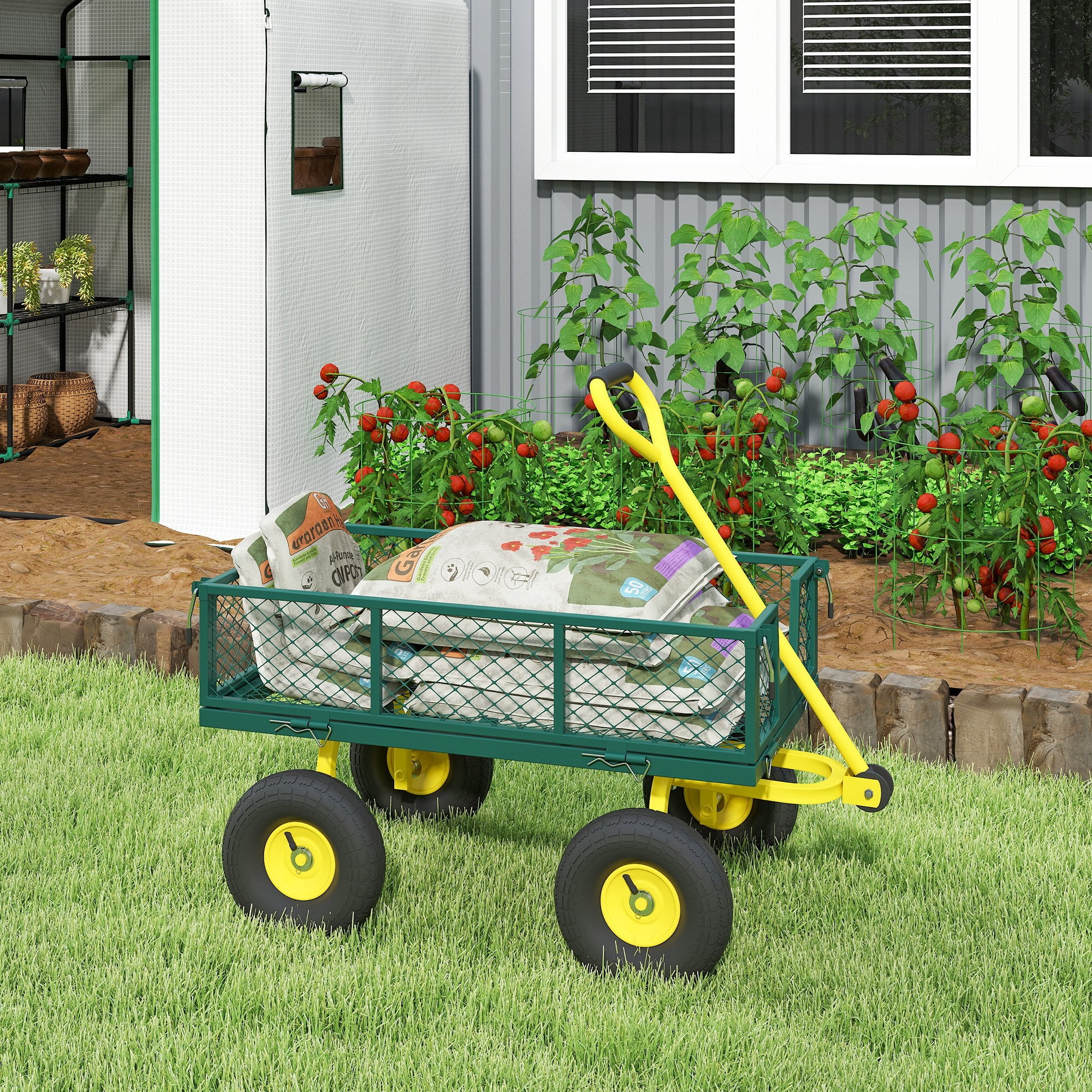 Outsunny Steel Garden Cart with 200 kg Capacity and Removable Side Walls, 104 x 54 x 51 cm, Green and Yellow