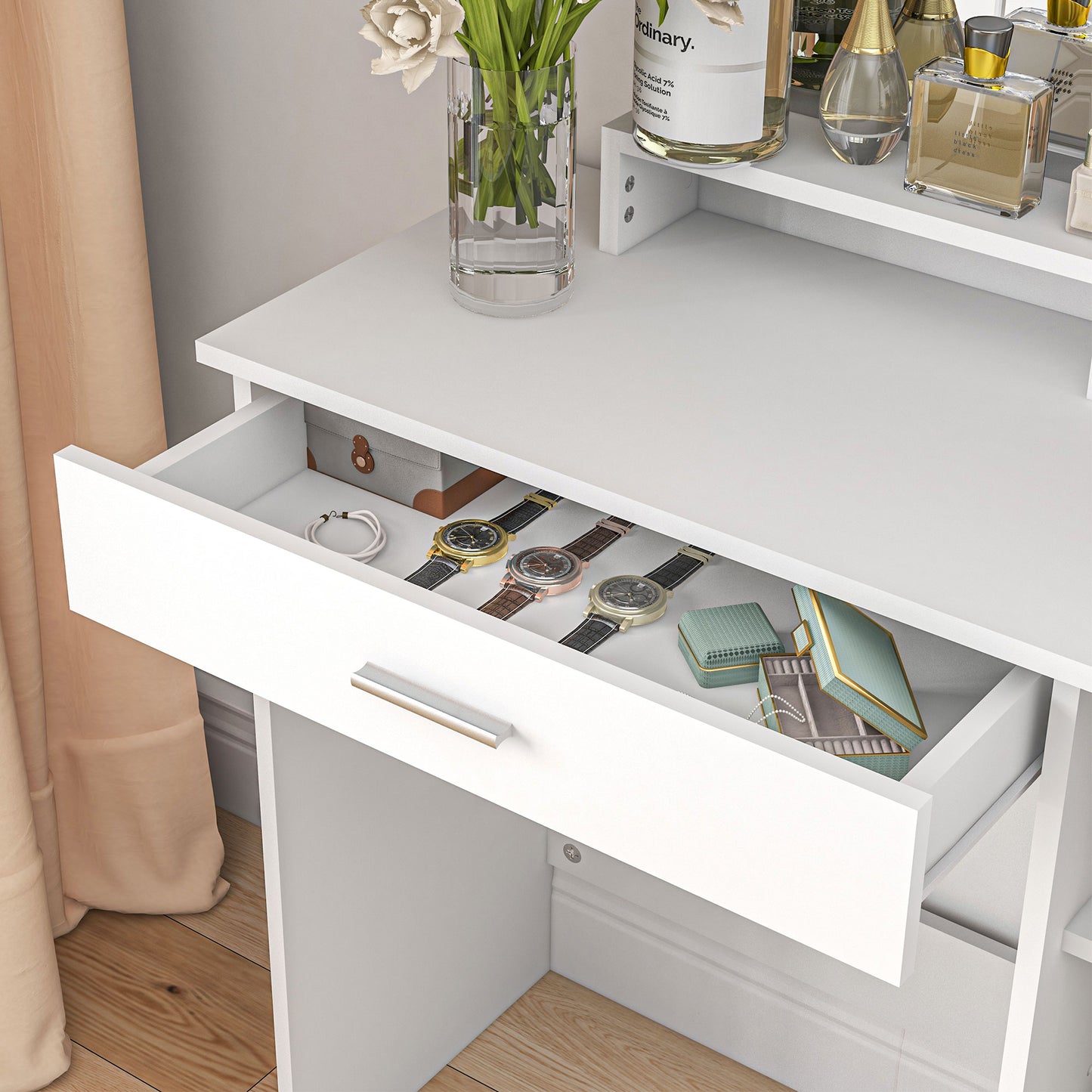 Makeup Table with Cabinet, Drawer, Open Shelves and Mirror, 90x38x138 cm, White