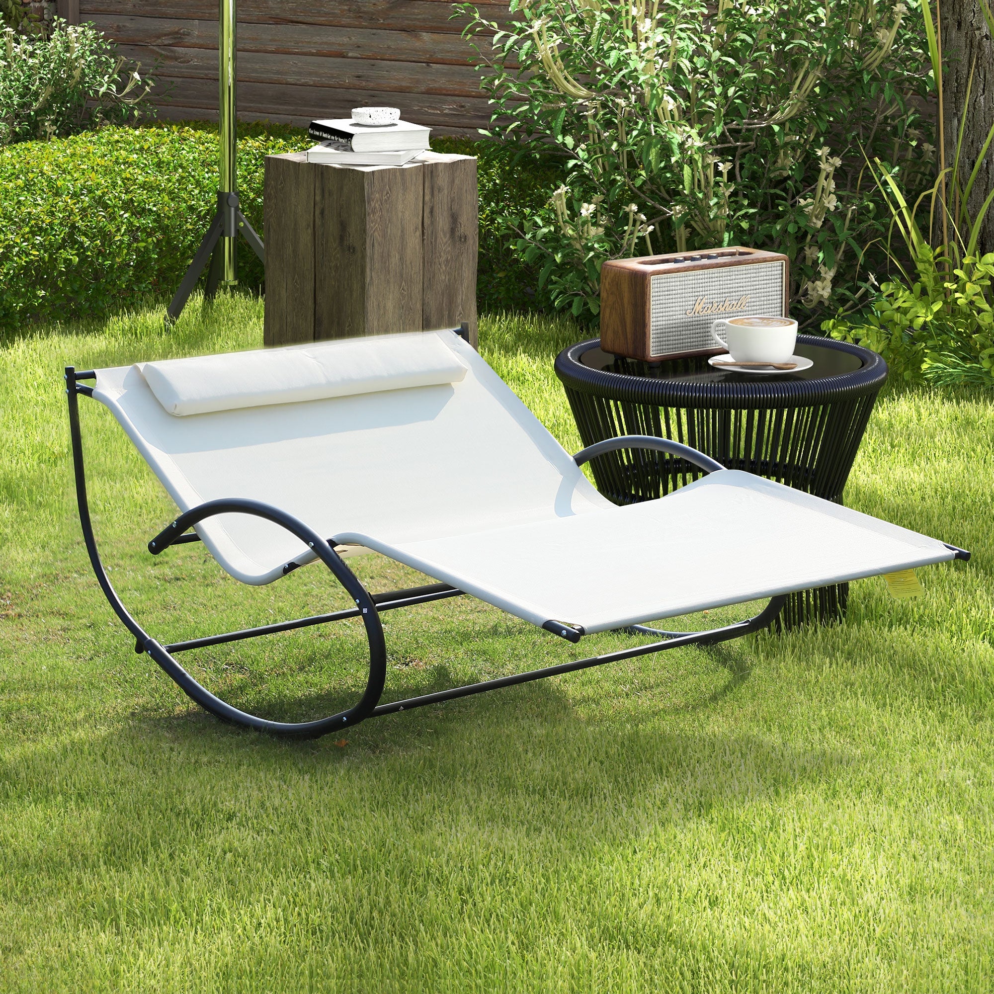 Outsunny 2-Seater Sun Lounger, Metal and Textilene Rocking Garden Lounger, 140x200x36-88cm, Cream White