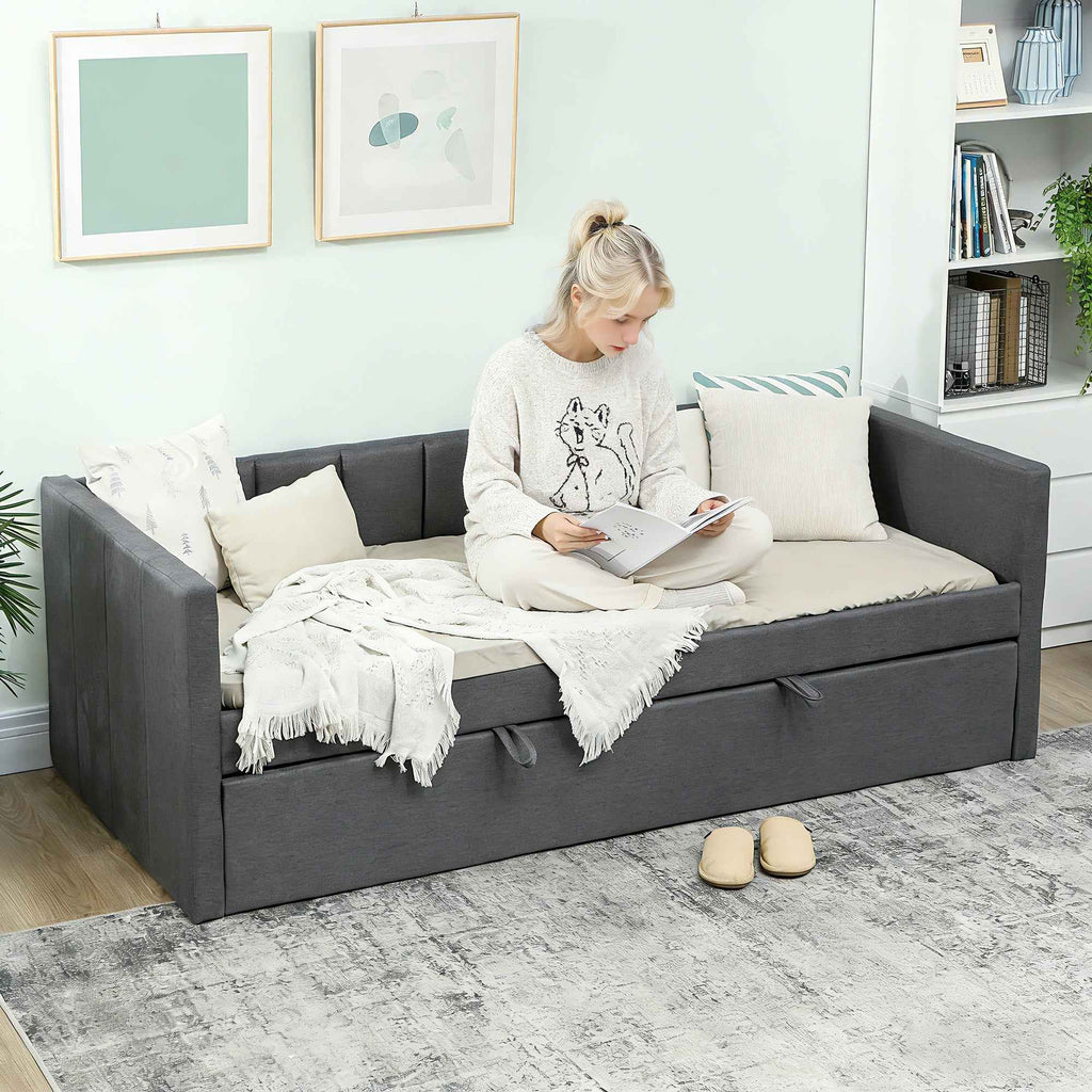 HOMCOM Single Bed with Pull-Out Second Bed, Fabric Upholstery and Armrests, 205x181x70 cm, Dark Grey