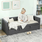 HOMCOM Single Bed with Pull-Out Second Bed, Fabric Upholstery and Armrests, 205x181x70 cm, Dark Grey