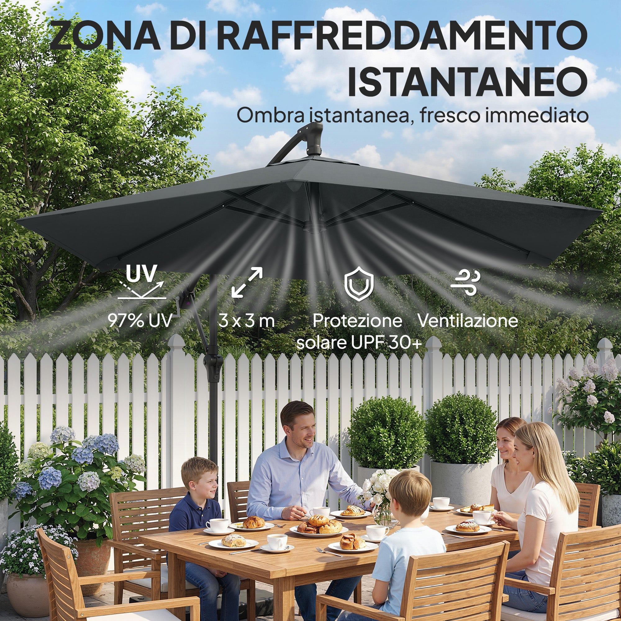 Outsunny Cantilever Umbrella with Cross Base, Metal and Polyester, 302x295x242 cm, Dark Grey