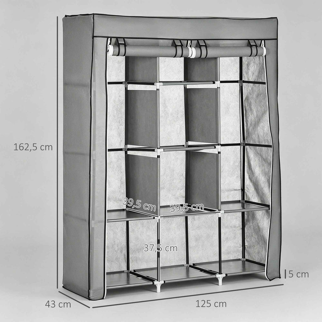 HOMCOM Space-Saving Wardrobe with Raised Base, 8 Shelves and 2 Bars, in Non-Woven Fabric and Steel, Light Grey