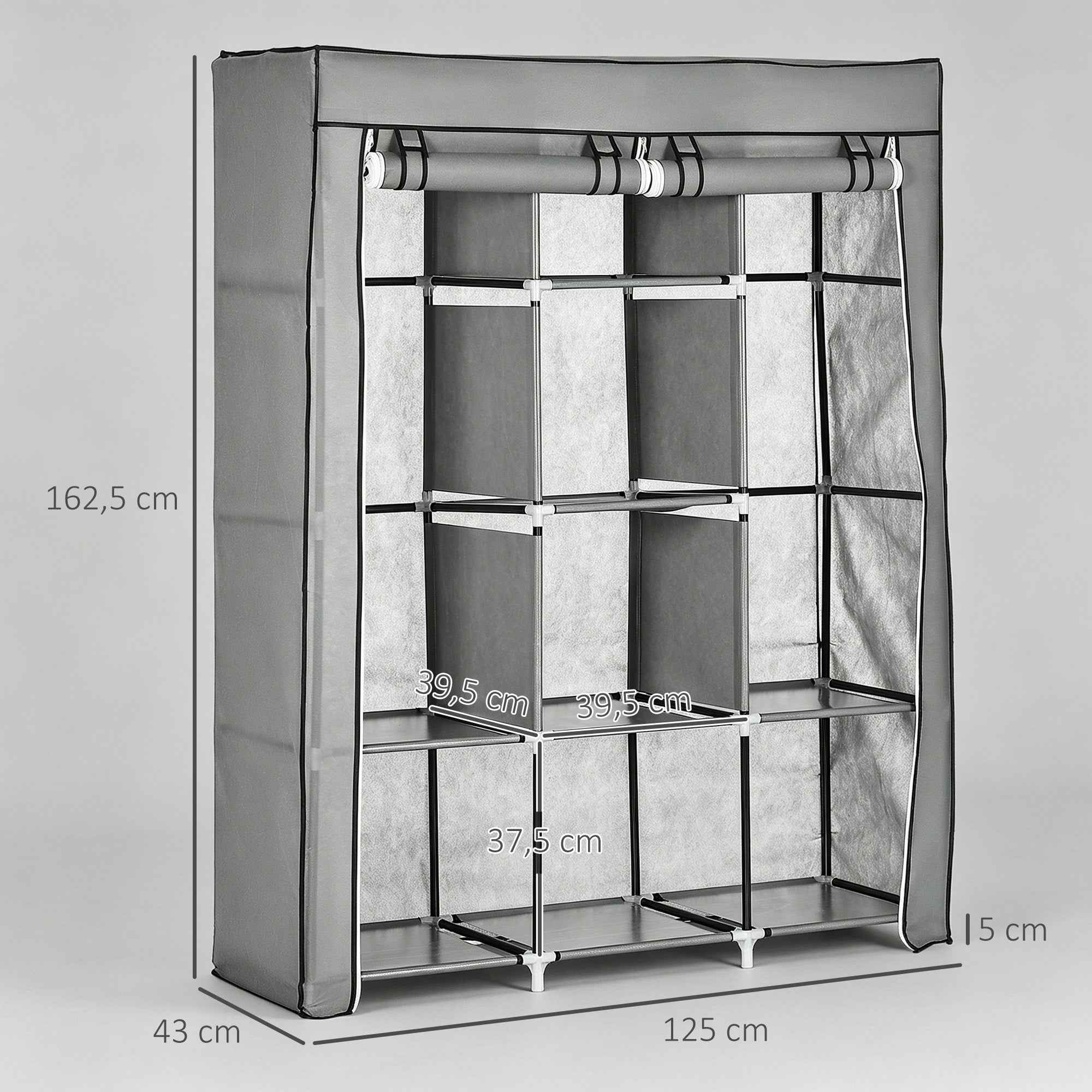 HOMCOM Space-Saving Wardrobe with Raised Base, 8 Shelves and 2 Bars, in Non-Woven Fabric and Steel, Light Grey